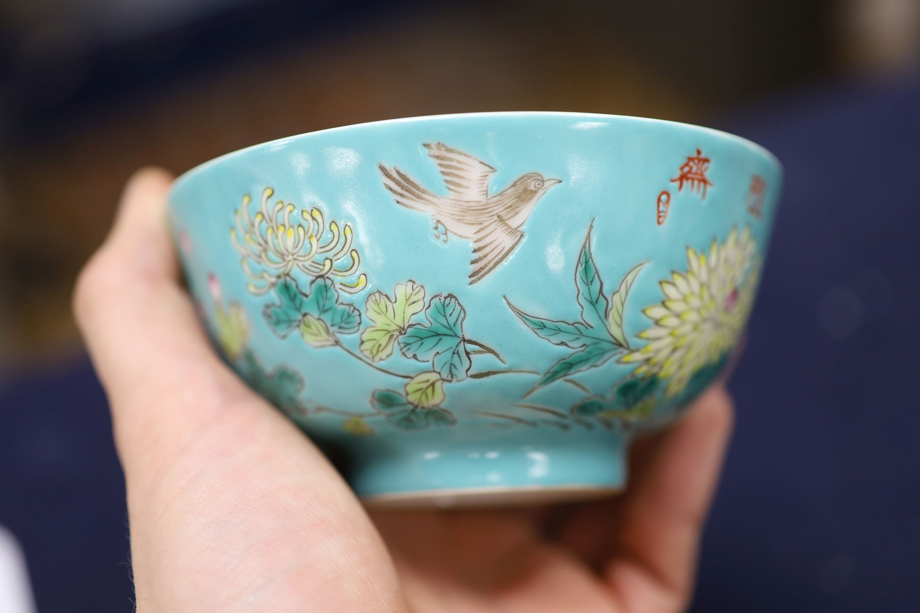 A pair of Chinese turquoise ground bowls, diameter 12cm